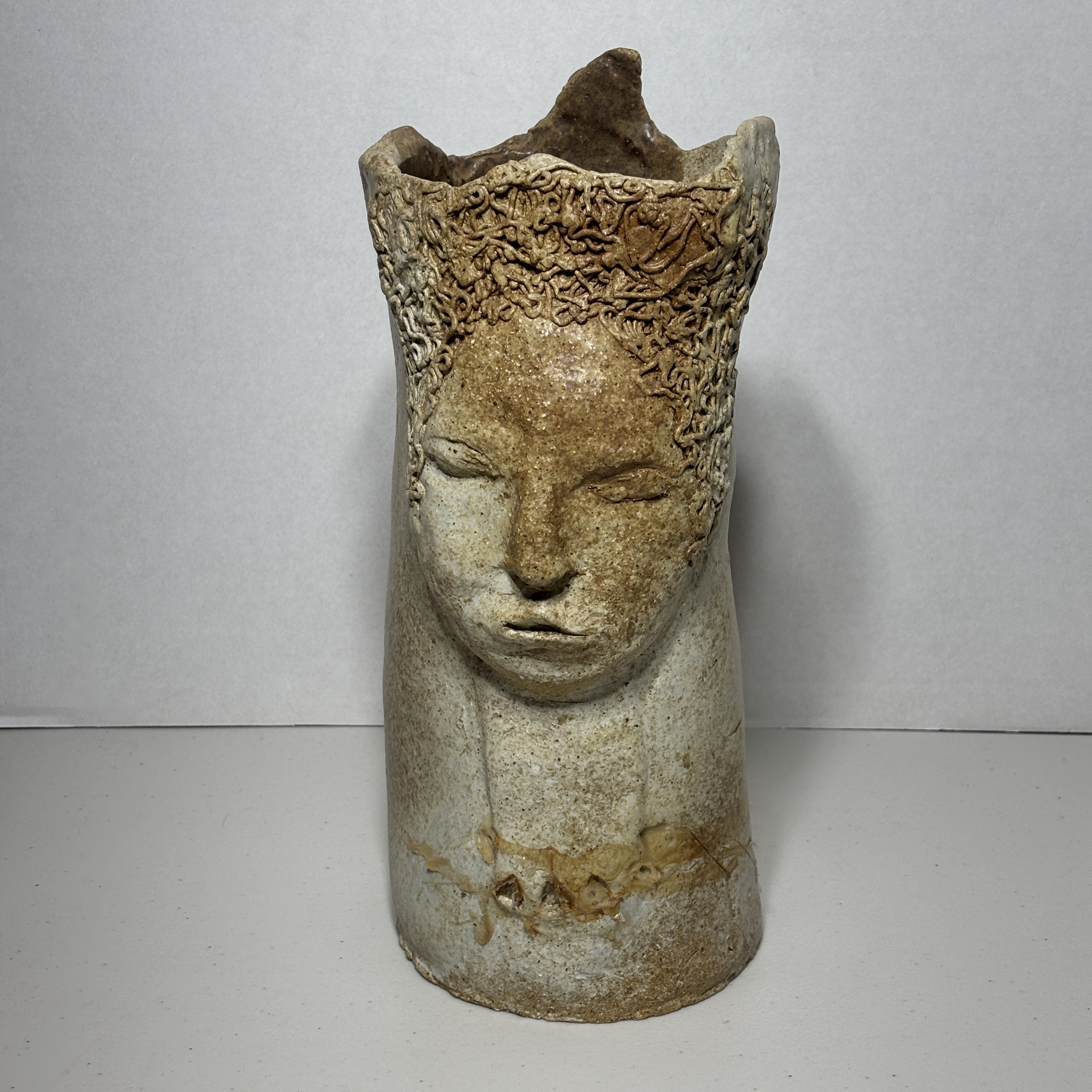 1977 brutalist ceramic face art pottery vessel, signed