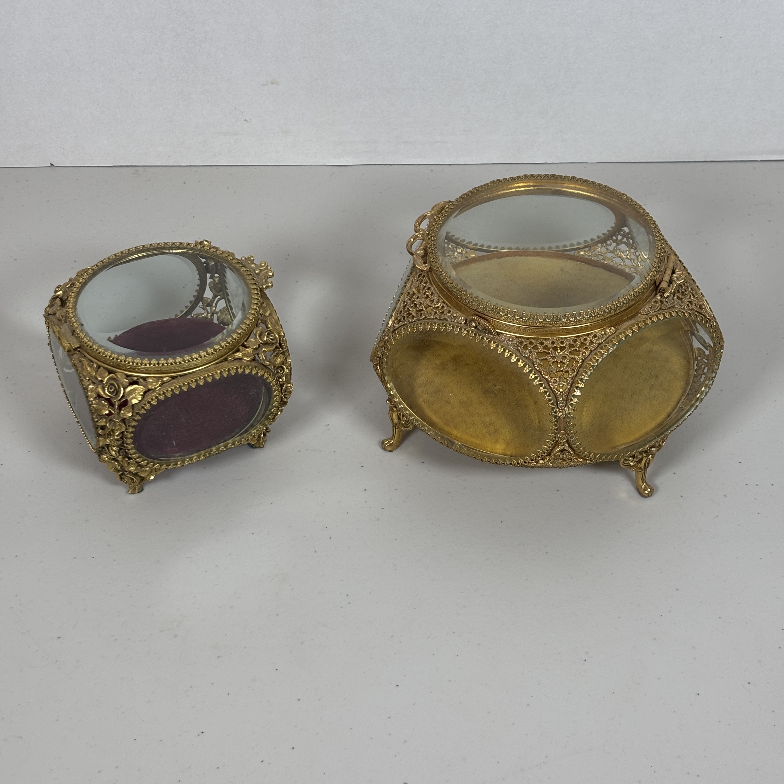 Pair of Hollywood Regency style ormolu and glass jewelry caskets