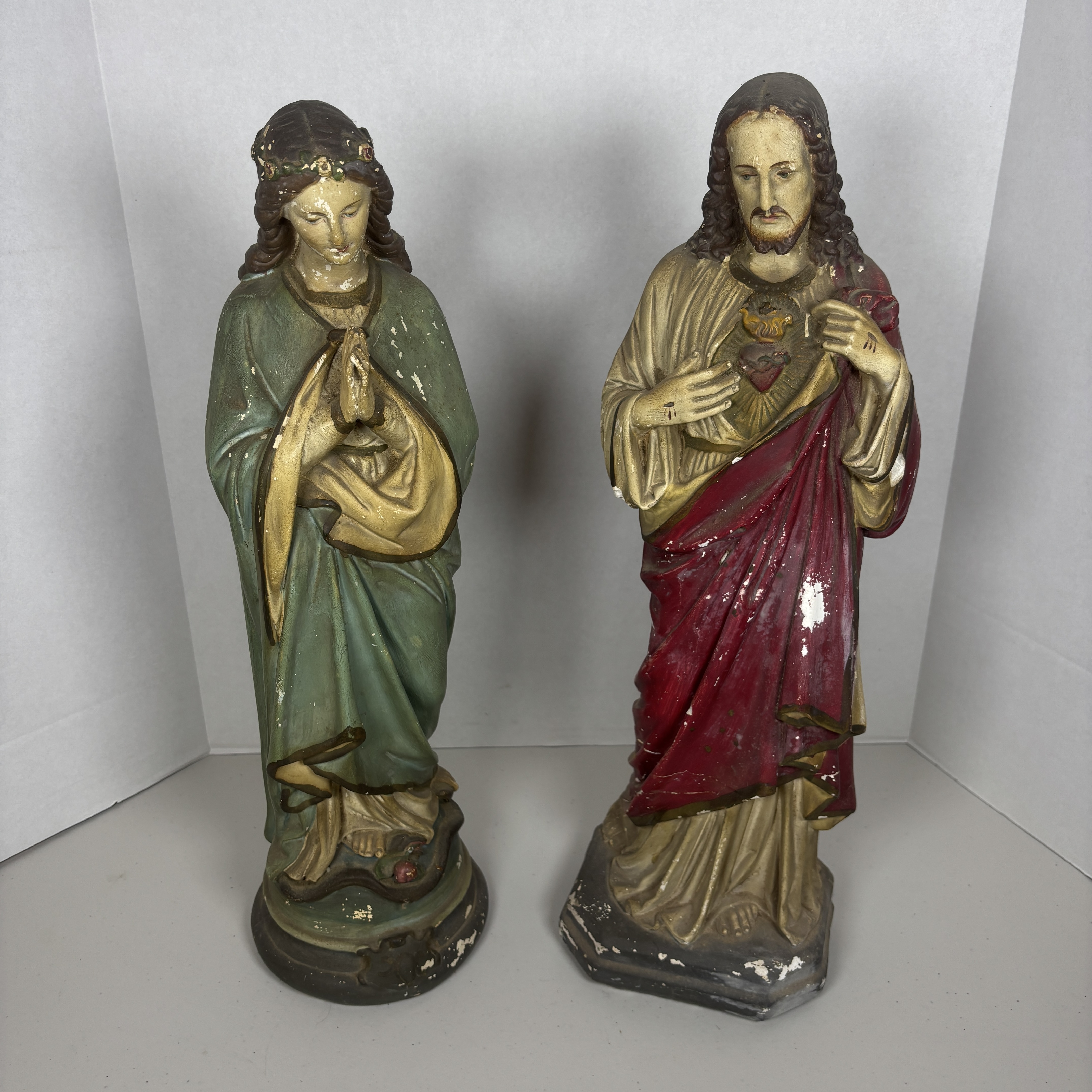 Pair of Sacred Heart Jesus and Virgin Mary religious chalkware statues, 22 inches tall